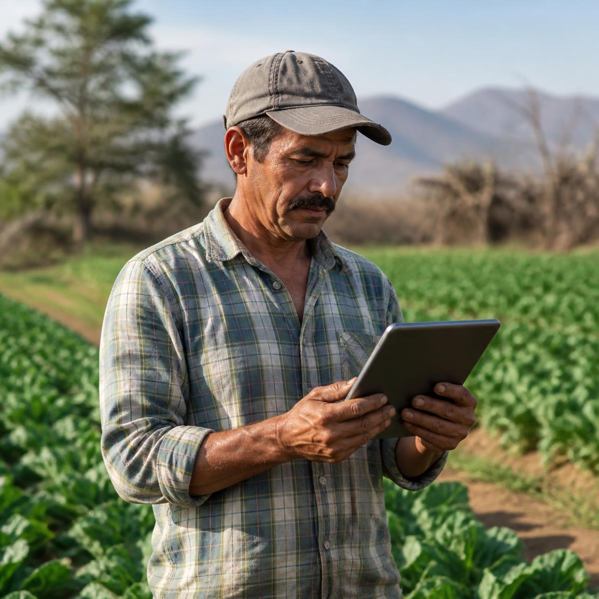 Agricultor revisando la información de sus parcelas en una tablet en pleno campo