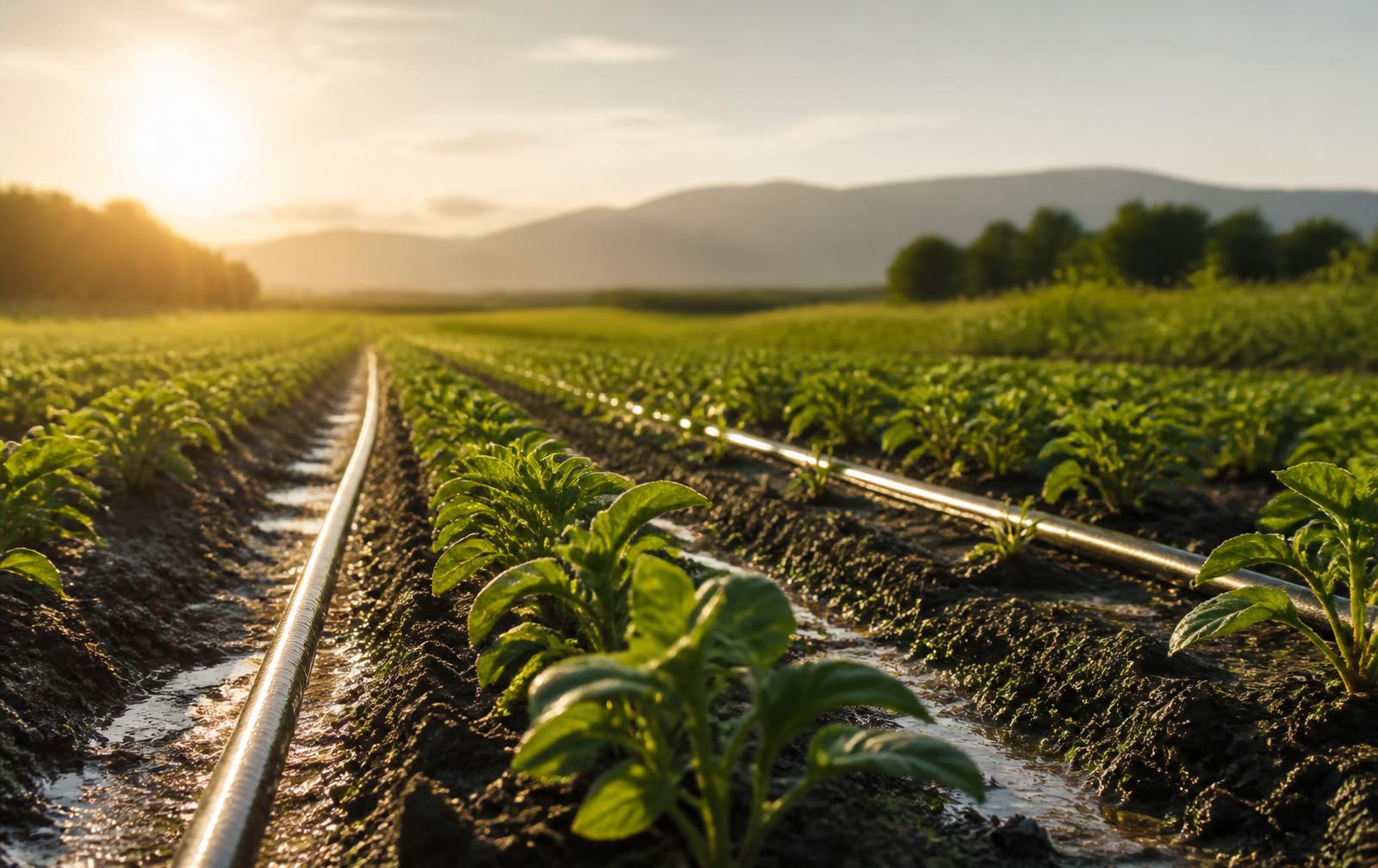 Campo de cultivo con líneas de riego por goteo al amanecer